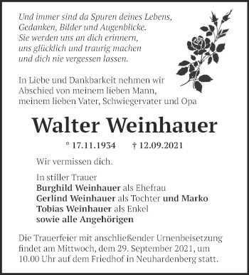 Traueranzeige von Walter Weinhauer von Märkische Oderzeitung