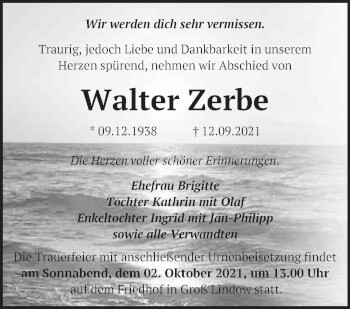 Traueranzeige von Walter Zerbe von Märkische Oderzeitung