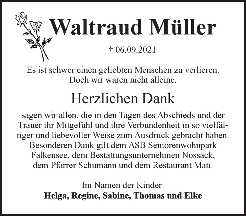  Traueranzeige für Waltraud Müller vom 26.09.2021 aus Märkische Oderzeitung