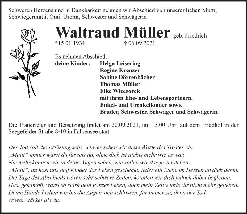  Traueranzeige für Waltraud Müller vom 12.09.2021 aus Märkische Oderzeitung