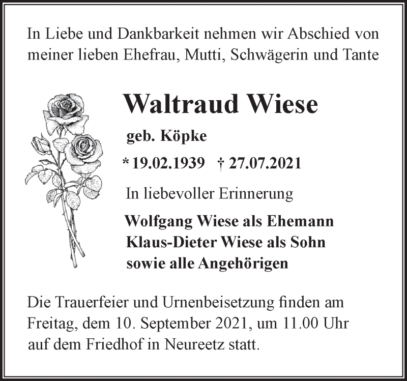  Traueranzeige für Waltraud Wiese vom 03.09.2021 aus Märkische Oderzeitung