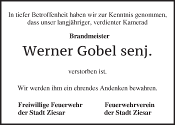 Traueranzeige von Werner Gobel von Märkische Oderzeitung