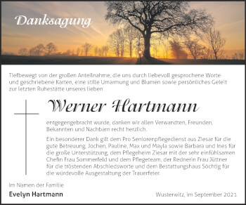 Traueranzeige von Werner Hartmann von Märkische Oderzeitung