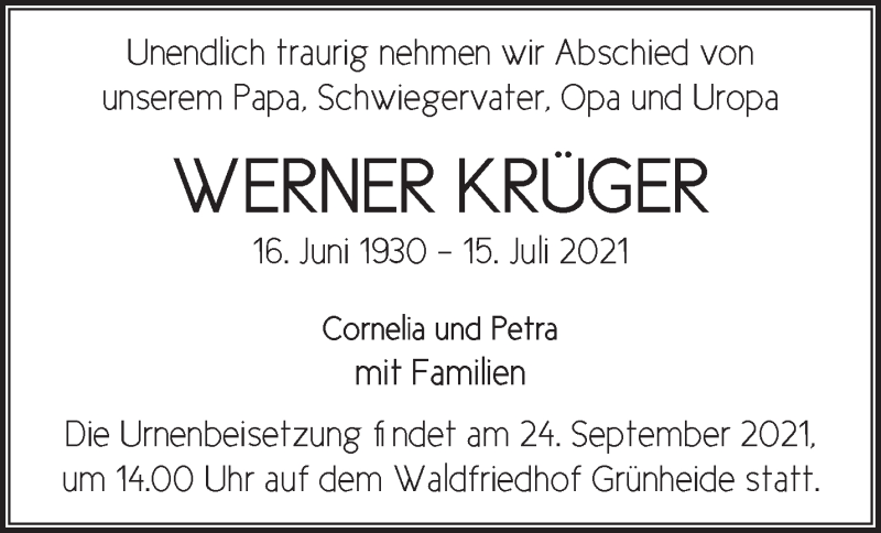  Traueranzeige für Werner Krüger vom 11.09.2021 aus Märkische Oderzeitung
