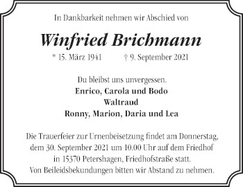 Traueranzeige von Winfried Brichmann von Märkische Oderzeitung