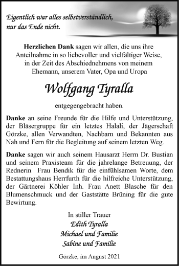 Traueranzeige von Wolfgang Tyralla von Märkische Oderzeitung