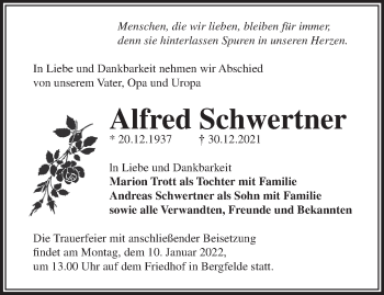 Traueranzeige von Alfred Schwertner von Märkische Oderzeitung