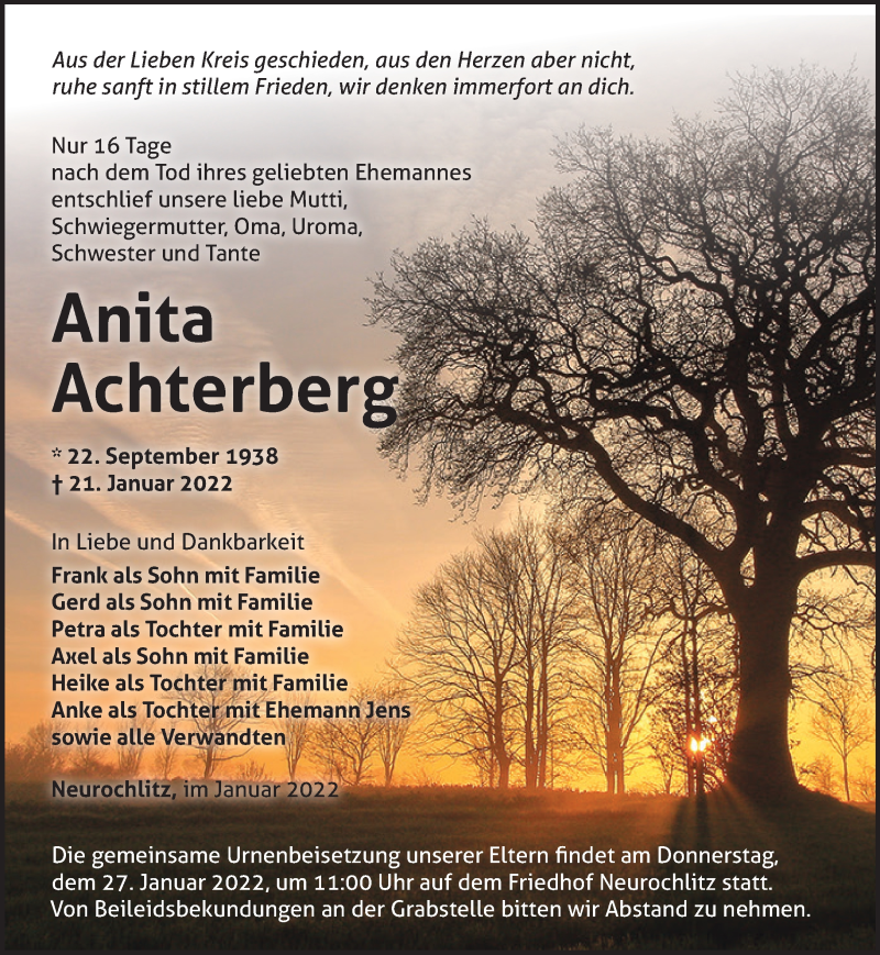  Traueranzeige für Anita Achterberg vom 25.01.2022 aus Märkische Oderzeitung