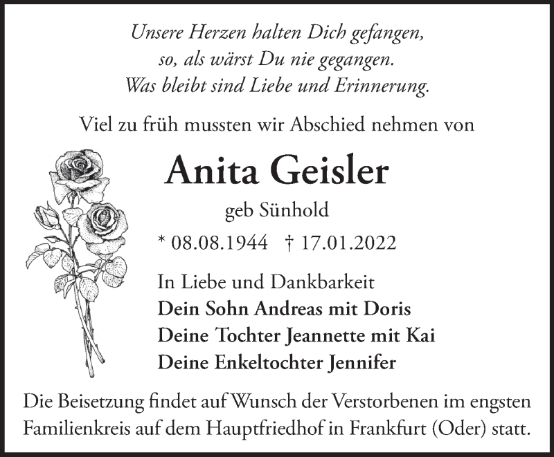  Traueranzeige für Anita Geisler vom 22.01.2022 aus Märkische Oderzeitung