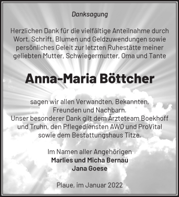 Traueranzeige von Anna-Maria Böttcher von Märkische Oderzeitung