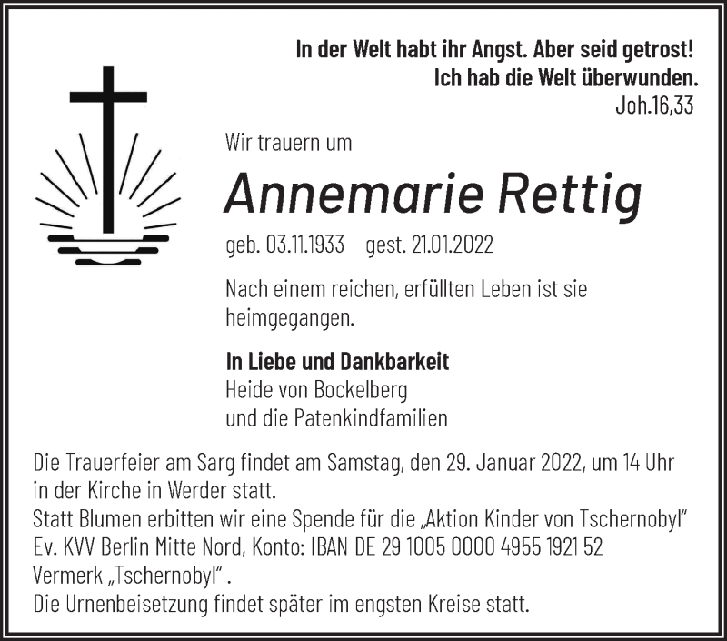  Traueranzeige für Annemarie Rettig vom 26.01.2022 aus Märkische Oderzeitung