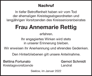 Traueranzeige von Annemarie Rettig von Märkische Oderzeitung