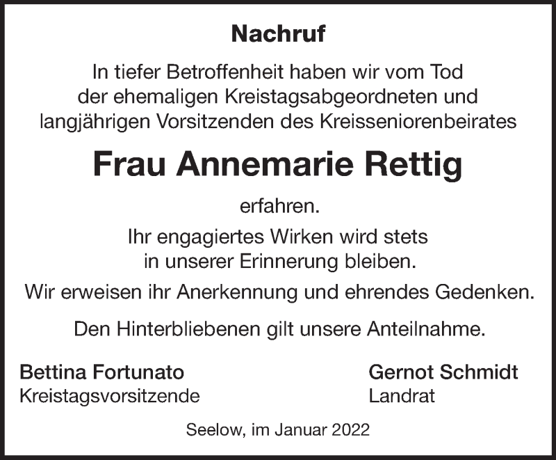  Traueranzeige für Annemarie Rettig vom 29.01.2022 aus Märkische Oderzeitung