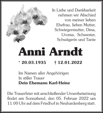 Traueranzeige von Anni Arndt von Märkische Oderzeitung