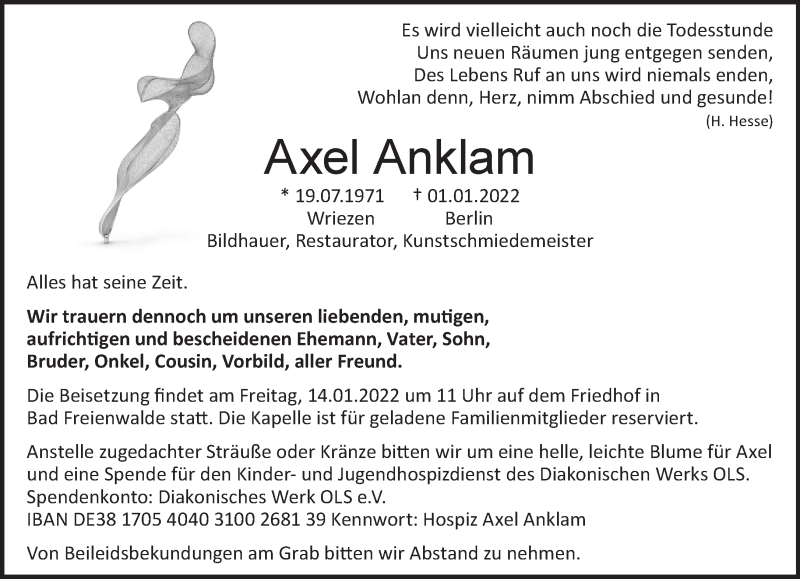  Traueranzeige für Axel Anklam vom 09.01.2022 aus Märkische Oderzeitung