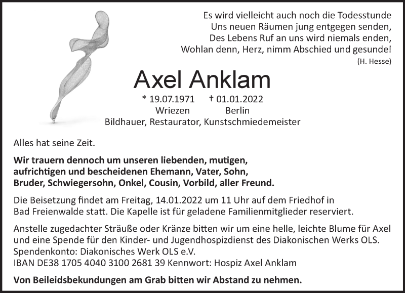  Traueranzeige für Axel Anklam vom 12.01.2022 aus Märkische Oderzeitung