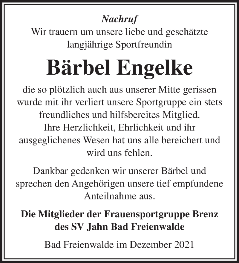  Traueranzeige für Bärbel Engelke vom 09.01.2022 aus Märkische Oderzeitung