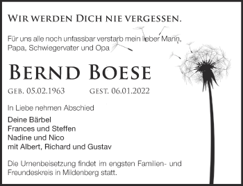 Traueranzeige von Bernd Boese von Märkische Oderzeitung