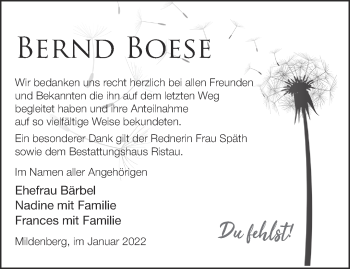 Traueranzeige von Bernd Boese von Märkische Oderzeitung