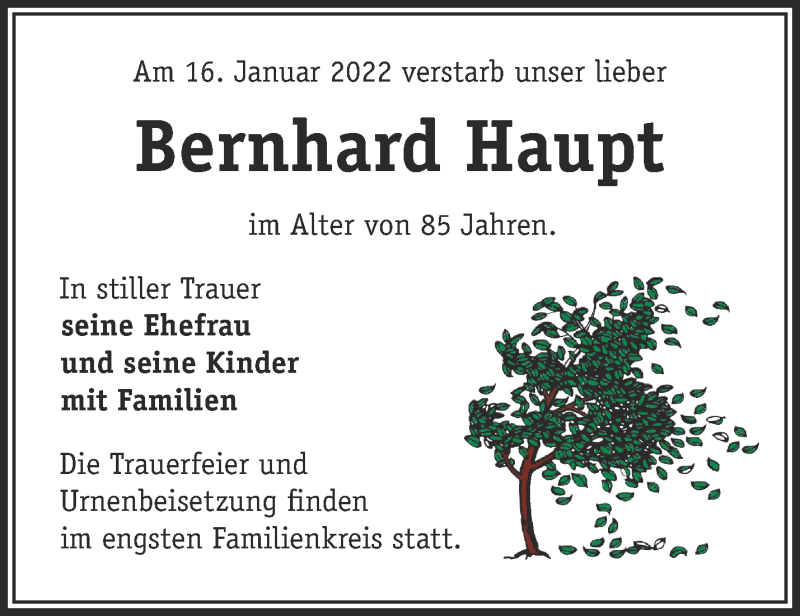 Traueranzeige für Bernhard Haupt vom 22.01.2022 aus Märkische Oderzeitung