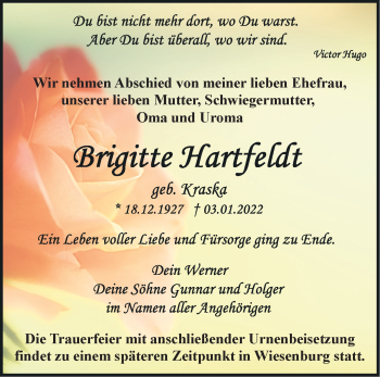 Traueranzeige von Brigitte Hartfeldt von Märkische Oderzeitung