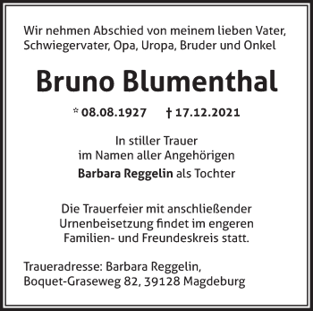 Traueranzeige von Bruno Blumenthal von Märkische Oderzeitung