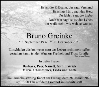 Traueranzeige von Bruno Greinke von Märkische Oderzeitung