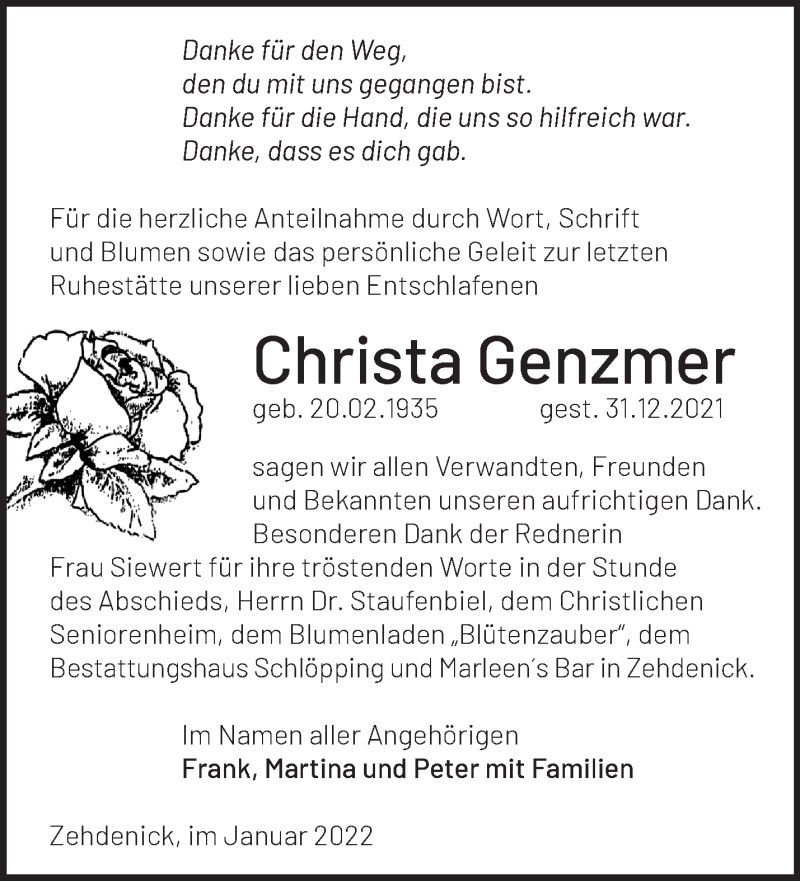  Traueranzeige für Christa Genzmer vom 29.01.2022 aus Märkische Oderzeitung