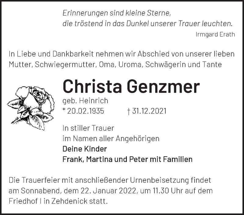  Traueranzeige für Christa Genzmer vom 15.01.2022 aus Märkische Oderzeitung