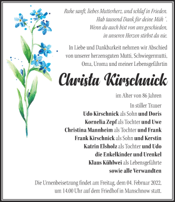 Traueranzeige von Christa Kirschnick von Märkische Oderzeitung