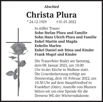 Traueranzeige von Christa Plura von Märkische Oderzeitung