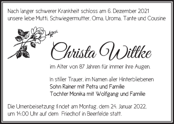 Traueranzeige von Christa Wittke von Märkische Oderzeitung