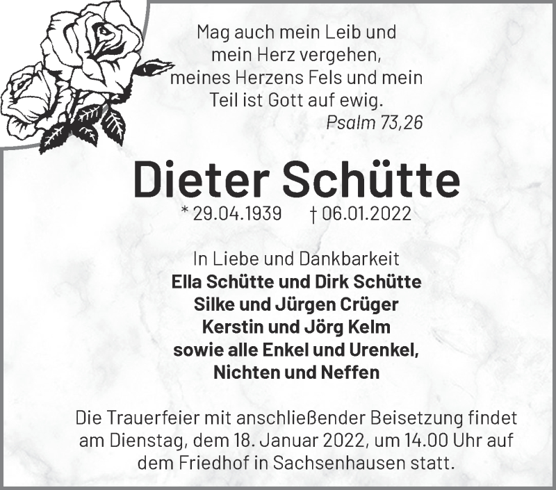  Traueranzeige für Dieter Schütte vom 14.01.2022 aus Märkische Oderzeitung
