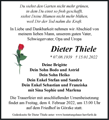 Traueranzeige von Dieter Thiele von Märkische Oderzeitung