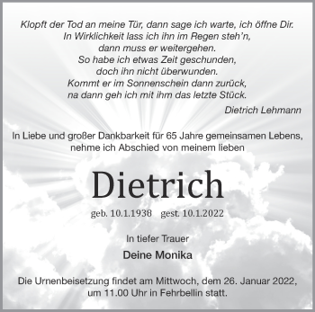 Traueranzeige von Dietrich  von Märkische Oderzeitung