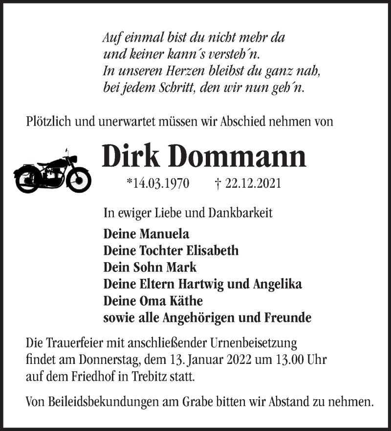  Traueranzeige für Dirk Dommann vom 08.01.2022 aus Märkische Oderzeitung