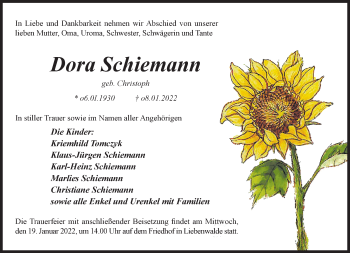 Traueranzeige von Dora Schiemann von Märkische Oderzeitung