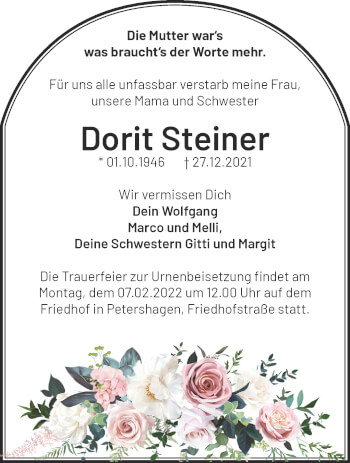 Traueranzeige von Dorit Steiner von Märkische Oderzeitung