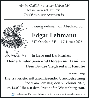 Traueranzeige von Edgar Lehmann von Märkische Oderzeitung