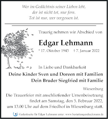 Traueranzeige von Edgar Lehmann von Märkische Oderzeitung