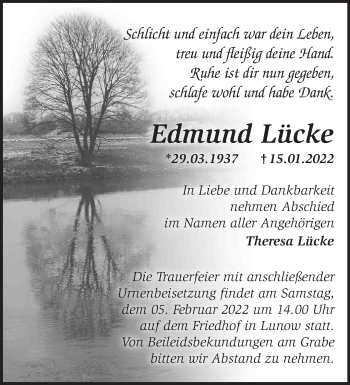 Traueranzeige von Edmund Lücke von Märkische Oderzeitung