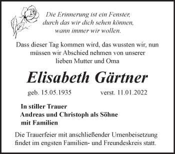 Traueranzeigen von Elisabeth Gärtner | Märkische Onlinezeitung Trauerportal