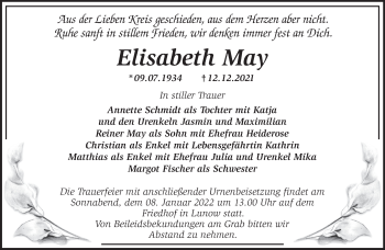 Traueranzeige von Elisabeth May von Märkische Oderzeitung