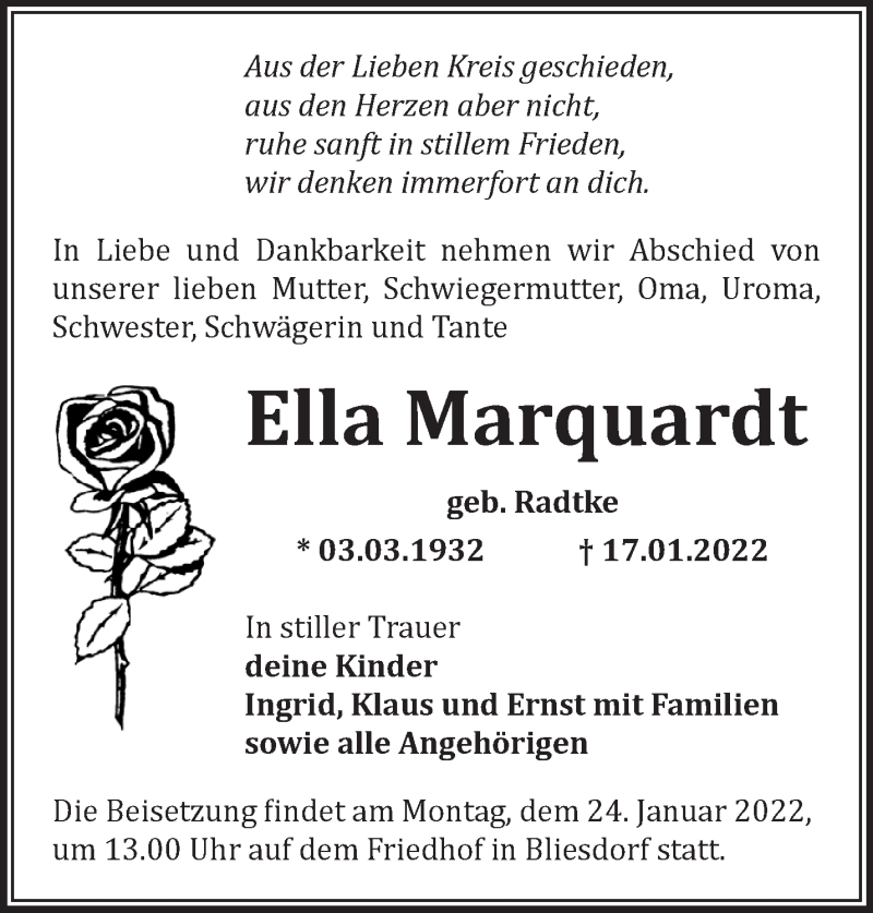  Traueranzeige für Ella Marquardt vom 21.01.2022 aus Märkische Oderzeitung
