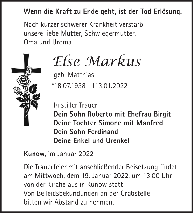  Traueranzeige für Else Markus vom 15.01.2022 aus Märkische Oderzeitung