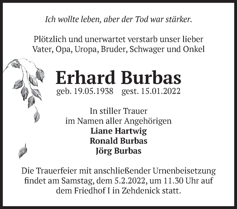  Traueranzeige für Erhard Burbas vom 24.01.2022 aus Märkische Oderzeitung