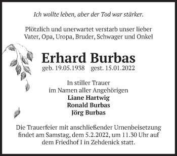 Traueranzeige von Erhard Burbas von Märkische Oderzeitung