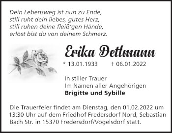 Traueranzeige von Erika Dettmann von Märkische Oderzeitung