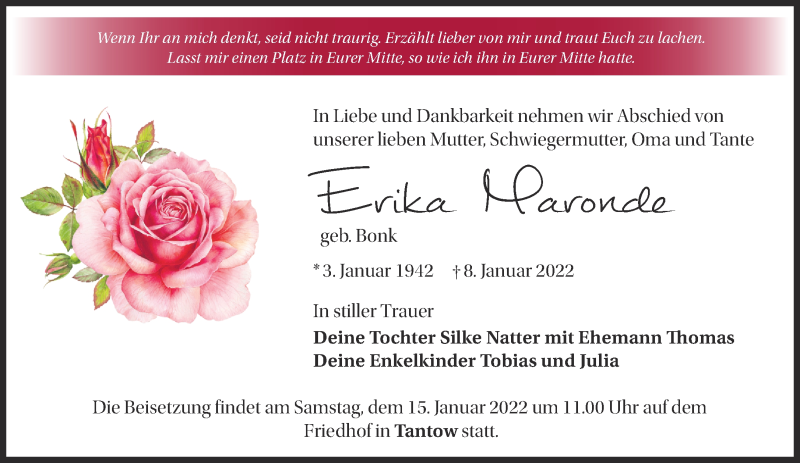  Traueranzeige für Erika Maronde vom 12.01.2022 aus Märkische Oderzeitung