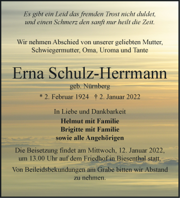 Traueranzeige von Erna Schulz-Herrmann von Märkische Oderzeitung